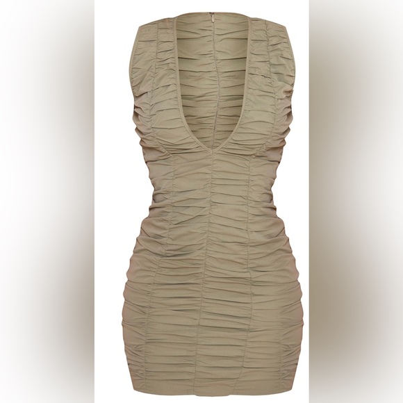 NWT Sage Green Woven Ruched Sleeveless Plunge Bodycon Dress Size 6 - Picture 3 of 7